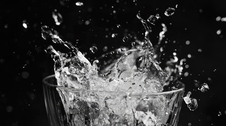 This black and white photograph captures the dynamic motion of water splashing in a glass, showcasing the beauty of liquid movement and texture.の素材
