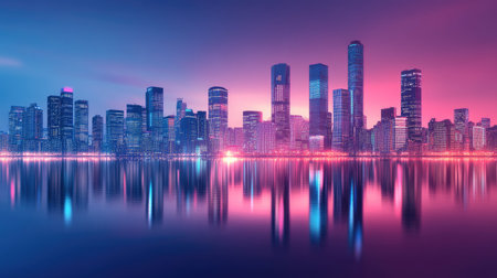 A stunning cityscape at dusk with colorful lights reflecting in the water, showcasing modern architecture and a vibrant urban atmosphere.の素材