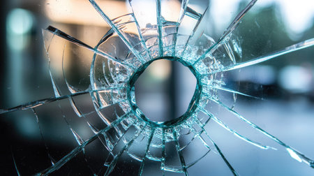 Close-up image of cracked glass with shattered edges, emphasizing the chaotic pattern and delicate nature of the damaged surface. A striking visual for various themes.の素材