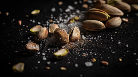 A closeup of scattered pistachios with salt on a dark surface, highlighting the rich textures and colors. Ideal for food-related themes and healthy snack ideas.の素材