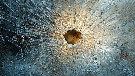 Close-up of a broken glass surface revealing intricate patterns and cracks. The hollow center creates dramatic light effects that enhance the texture.の素材