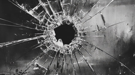 A dramatic view of a broken glass surface showcasing a jagged hole. The sharp edges and dark background create a striking contrast, evoking feelings of danger and vulnerability.の素材