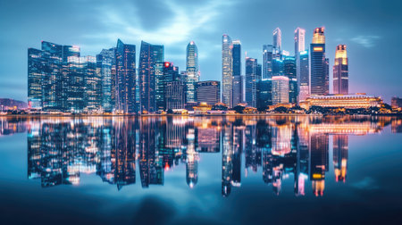 Stunning city skyline reflecting in calm water at dusk, showcasing modern architecture and vibrant lights, perfect for urban lifestyle and travel themes.の素材