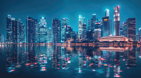 A captivating view of a city skyline at night, showcasing illuminated skyscrapers and stunning reflections on the water's surface, perfect for urban and travel themes.の素材