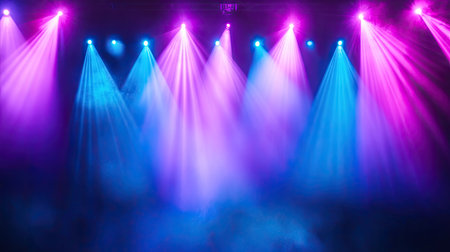 Vibrant stage lights in purple and blue illuminate a smoky backdrop, creating an exciting atmosphere perfect for concerts and theatrical performances.の素材