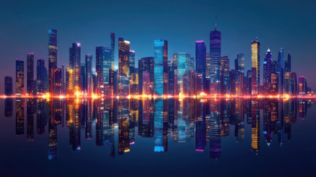 A stunning nighttime city skyline featuring vibrant lights reflecting on water, showcasing a modern urban environment filled with towering buildings.の素材