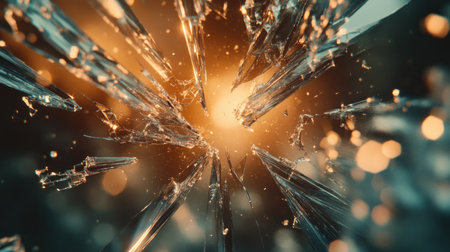 A dynamic composition showcasing shards of glass exploding with radiant light. This abstract image conveys energy and elegance, perfect for dramatic designs.の素材