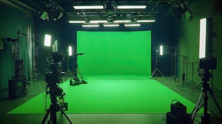 An empty green screen studio equipped for video production. Ideal for filmmakers and content creators needing a versatile background for projects.の素材