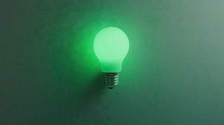 A vibrant green light bulb provides a captivating glow on a textured wall, creating a modern and tranquil atmosphere perfect for decor and design inspiration.の素材