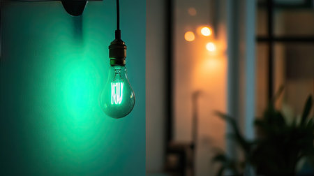 A stunning vintage light bulb emits a soft green glow, creating a calming ambiance in a modern interior. Perfect for design inspiration and decor ideas.の素材