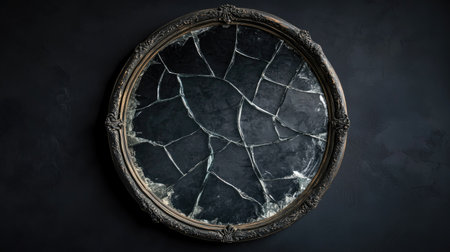 A vintage cracked mirror in an ornate frame, resting against a dark wall. This artistic piece captures a sense of mystery and isolation, perfect for interior decor.の素材