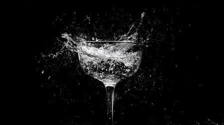 Captured in striking black and white, this image features an elegant splash of water in a glass, emphasizing motion and purity against a dark backdrop.の素材