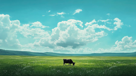 A peaceful scene of a cow grazing in a lush green meadow under a bright blue sky filled with fluffy white clouds, capturing the essence of rural tranquility.の素材