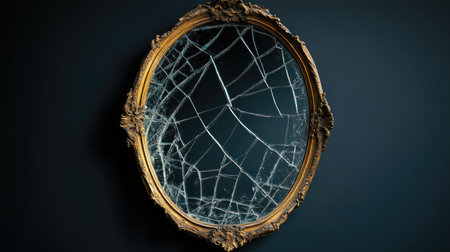 This striking image showcases a cracked antique mirror with an ornate frame, evoking a sense of beauty and mystery. Ideal for artistic context.の素材