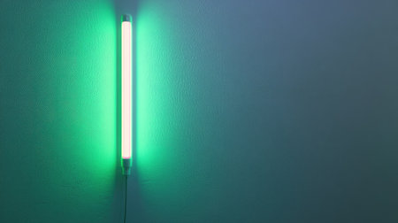 A sleek neon green light fixture illuminates a smooth wall, creating a contemporary and minimalist atmosphere. Perfect for modern decor projects.の素材