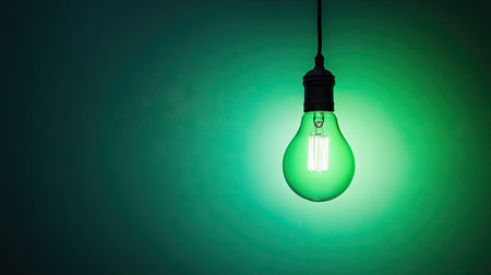 A vibrant green light bulb hanging against a dark backdrop, showcasing a captivating glow. Ideal for themes of creativity, energy, and modern design.の素材