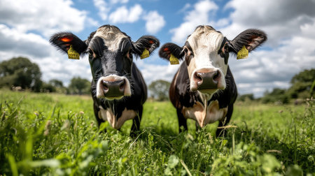 Two curious cows stand closely in a lush green pasture, surrounded by vibrant grass and under a bright blue sky adorned with fluffy clouds, embodying rural charm.の素材