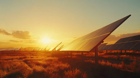 A stunning view of solar panels capturing sunlight at sunset, highlighting renewable energy's harmony with nature in a tranquil landscape.の素材