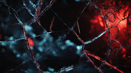 An abstract representation of broken glass with vibrant blue and red hues. The sharp fragments create a striking visual effect, adding depth and texture.の素材