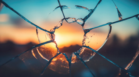 A close-up of broken glass with a stunning sunset backdrop, capturing the interplay of colors and light, creating an artistic and serene atmosphere.の素材