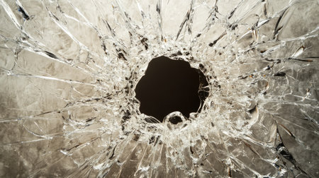 A striking image of shattered glass featuring a central hole and radiating cracks, showcasing intricate details and sharp elements for artistic use.の素材