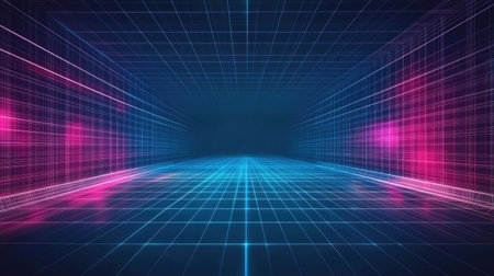 A stunning futuristic neon grid background featuring vibrant blue and pink lights. Perfect for technology and abstract themed projects.の素材