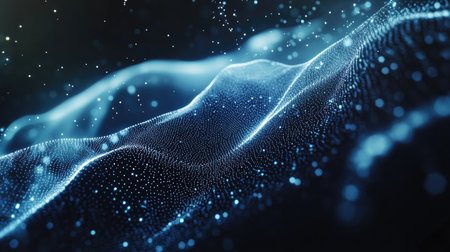 Experience a mesmerizing abstract design featuring blue waves and glowing particles. Perfect for technology, science, and creative projects.の素材
