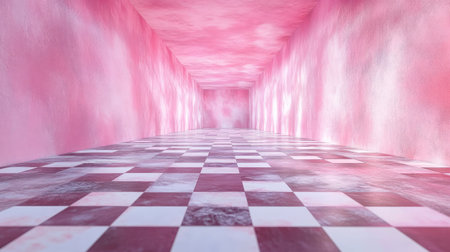 A serene pink room featuring a checkered floor and soft lighting. Ideal for themes of minimalism, modern decor, and abstract spaces.の素材
