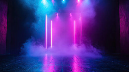 This vibrant stock photo features neon lights in a foggy atmosphere, perfect for creative projects. The dynamic colors and mist create an engaging ambiance for events.の素材