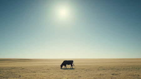 A solitary cow grazes peacefully in a vast open field under a bright sun, capturing the essence of rural life and serene nature.の素材