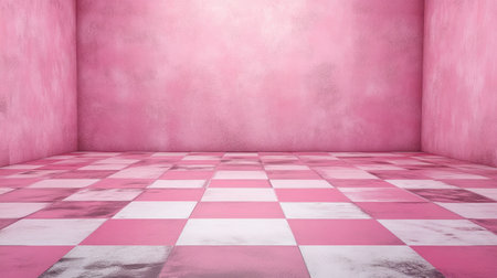 A vibrant pink room featuring a checkered floor creates an inviting and playful atmosphere. Ideal for artistic projects, interior design concepts, or color exploration.の素材