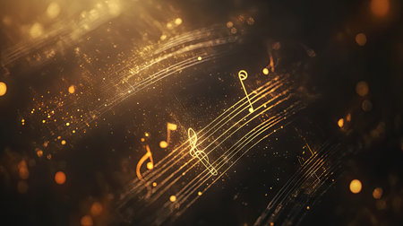 Enjoy a captivating visual of golden music notes gracefully flowing across a shimmering background, creating an elegant atmosphere that evokes rhythm and harmony.の素材