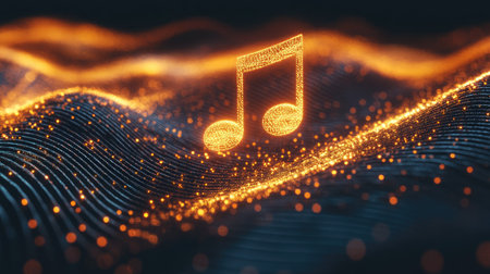 A mesmerizing golden music note glows amidst flowing waves of light and texture, creating a tranquil and vibrant atmosphere, perfect for music-themed visuals.の素材
