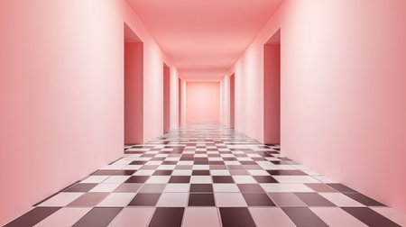 A surreal pink interior featuring an abstract design with checkered tiles, creating a captivating corridor that blends modern art and minimalism.の素材