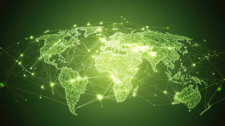 A vibrant green digital map depicting Earth with intricate network connections, representing technology and global communication. Perfect for eco-friendly themes.の素材
