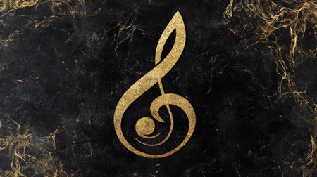 This elegant gold musical note design on a dark background creates a striking visual effect, perfect for artistic projects, music themes, or elegant decor.の素材