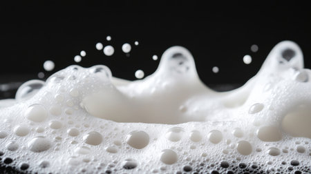 A close-up image showcasing isolated white foam with bubbles against a black background, emphasizing texture and contrast for an artistic and clean aesthetic.の素材