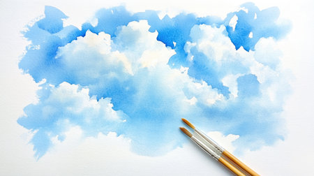 A serene watercolor painting featuring a blue sky filled with fluffy clouds, perfect for backgrounds or artistic projects. Ideal for nature lovers and creatives.の素材