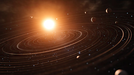 A stunning depiction of a bright star system with planets orbiting gracefully around it. The image captures the beauty of cosmic motion and stellar illumination.の素材