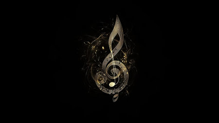 Discover an elegant design featuring a gold treble clef intertwined with musical notes, set against a striking black background. Perfect for music-themed art.の素材