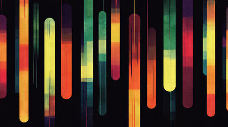 This graphic features a dynamic arrangement of colorful sound wave bars inspired by retro aesthetics, perfect for music-themed designs or modern art projects.の素材