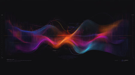 This vibrant visualization of sound waves showcases an abstract art style with retro influences. Its flowing lines and colors embody energy and creativity, perfect for creative projects.の素材