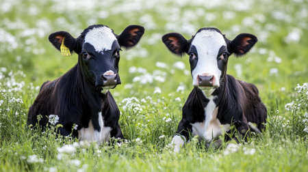 Two adorable black and white Dutch cows are relaxing in a lush green meadow, surrounded by delicate white flowers, showcasing their peaceful nature.の素材