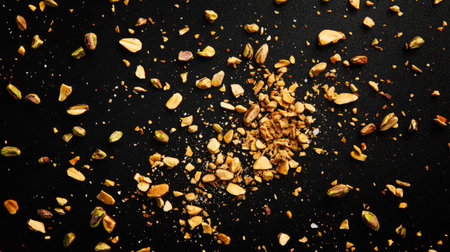 A stunning top view of cracked salty pistachios scattered on a dark surface, showcasing their texture and color, ideal for culinary and snack-related projects.の素材