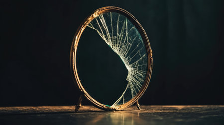 A striking image of a broken mirror showcasing intricate cracks, illuminated by soft light. The vintage frame adds a touch of elegance to the chaos of shattered glass.の素材