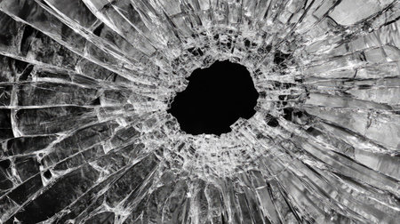A stunning depiction of shattered glass featuring intricate cracks that form a hole at the center, set against a dark backdrop, evoking a sense of chaos and beauty.の素材