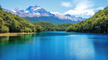 A breathtaking view of a serene lake surrounded by majestic mountains and lush forests. The clear blue water reflects the stunning landscape, creating a peaceful atmosphere.の素材