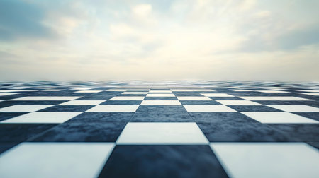 A surreal landscape featuring a chessboard pattern extending towards a soft sky. This abstract image evokes themes of strategy and tranquility, perfect for creative projects.の素材