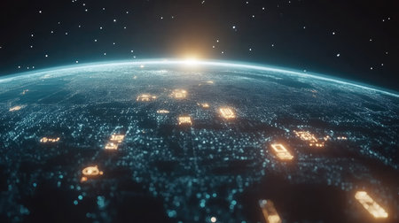 A stunning view of Earth from space at dawn, showcasing glowing digital connections across the planet. A blend of technology and natural beauty.の素材