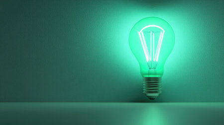 A glowing green light bulb illuminating a simple background, perfect for creative projects about sustainability, design, and modern aesthetics.の素材